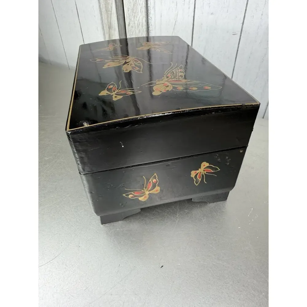 VTG Japanese Lacquered Hand Painted Butterfly Jewelry Music Box Faceted Mirror